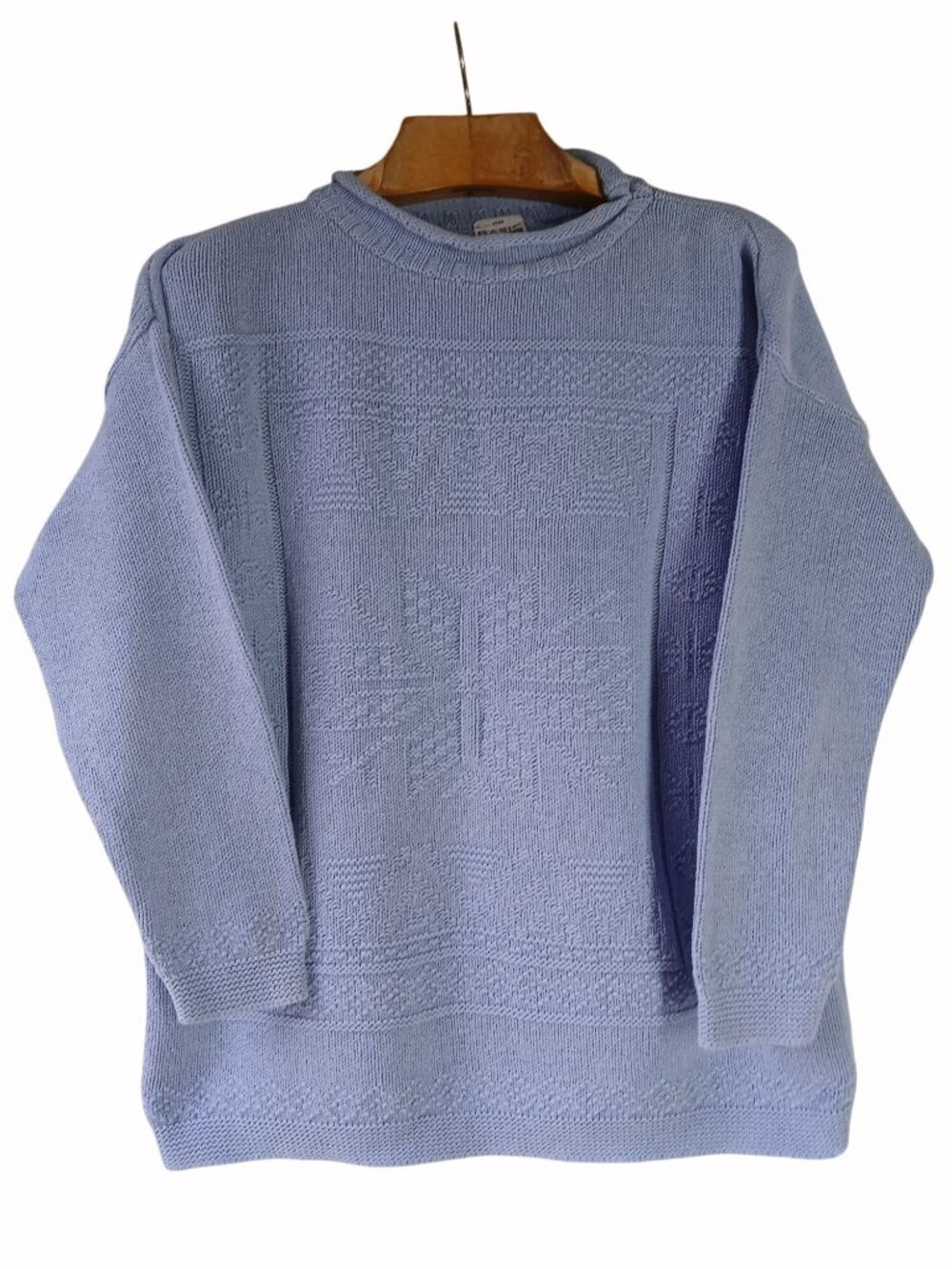 Basic Editions Vintage Light Blue Knit Pullover Sweater Snowflake Size L Cotton